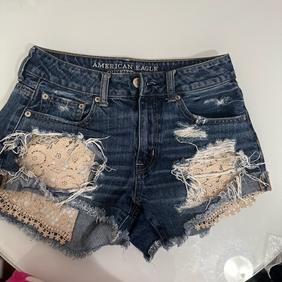 American Eagle Outfitters Women's Dark Blue Jean Shorts with Lace - Picture 2 of 5